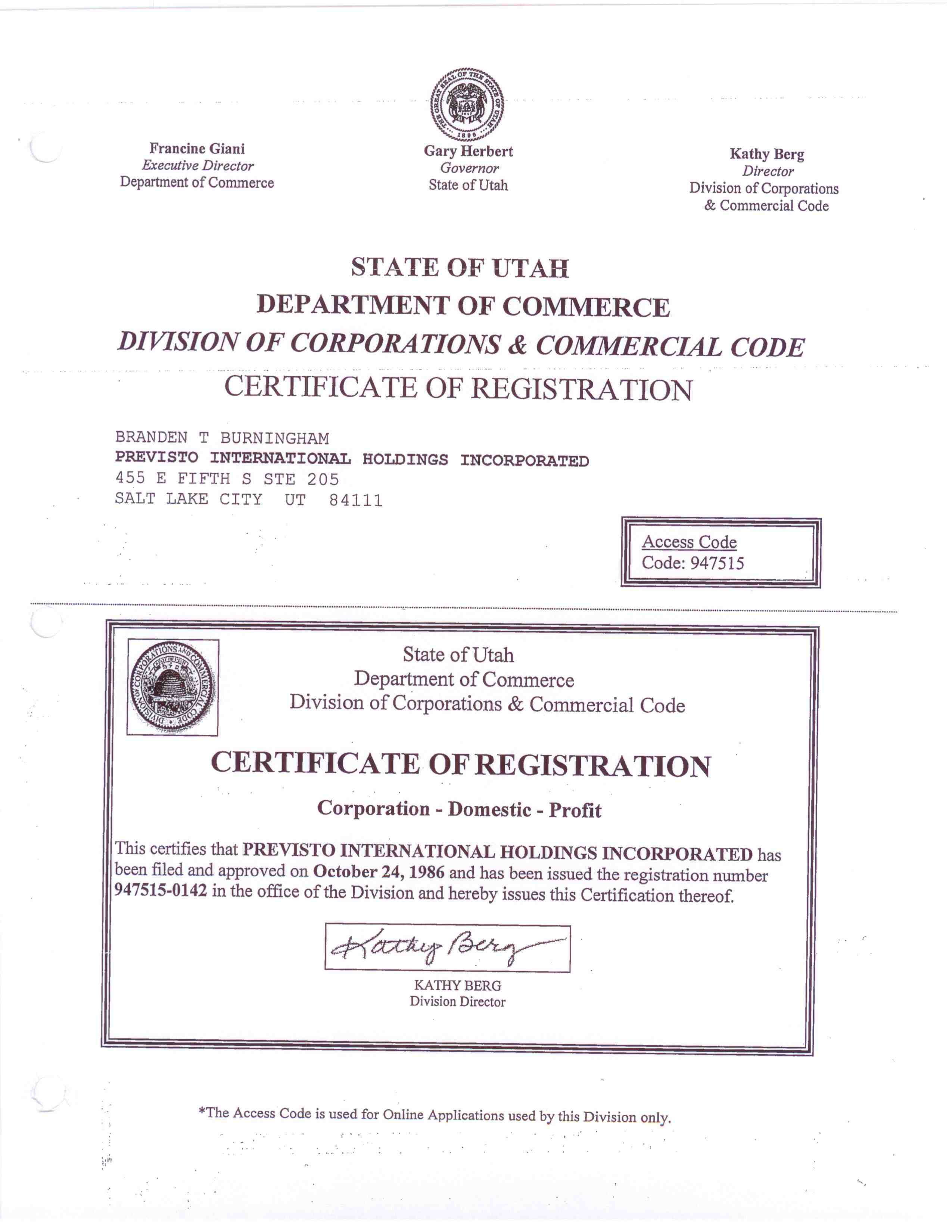 State of Utah - Certificate of Registration.