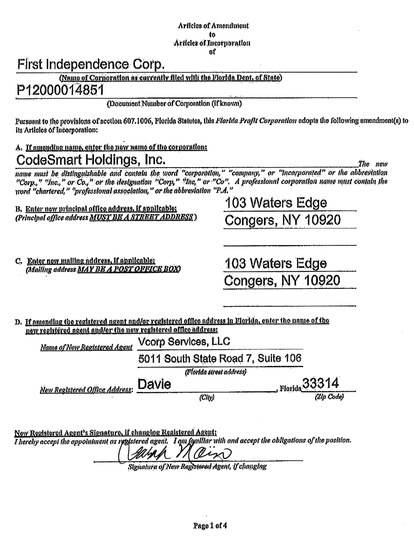CODESMART HOLDINGS, INC. FORM 8K EX3.1 ARTICLES OF
