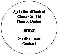 Oval: Agricultural Bank of China Co., Ltd    Ningbo Beilun
 Branch
Seal for Loan Contract
